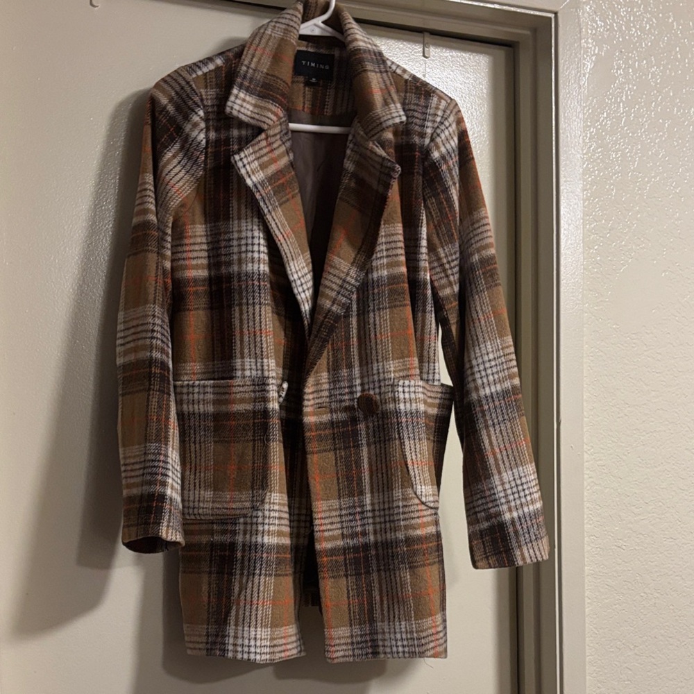Timing Plaid Notch-Lapel Blazer in Brown, Cream & Orange